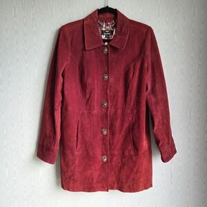 Dennis Basso Y2K Womens Jacket M Red Burgundy Lined Suede Single Breasted Coat‎